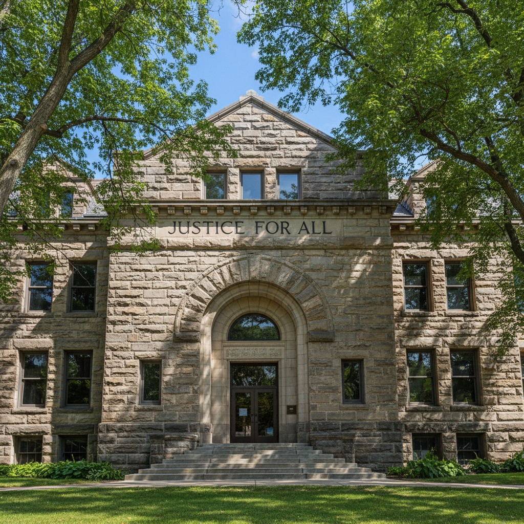 A tan stone building with steps leading up to a large arched doorway, framed by trees on either side