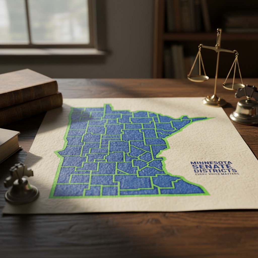 The weathered wooden desk features a map of Minnesota senate districts outlined in green, with a bold blue design represen...
