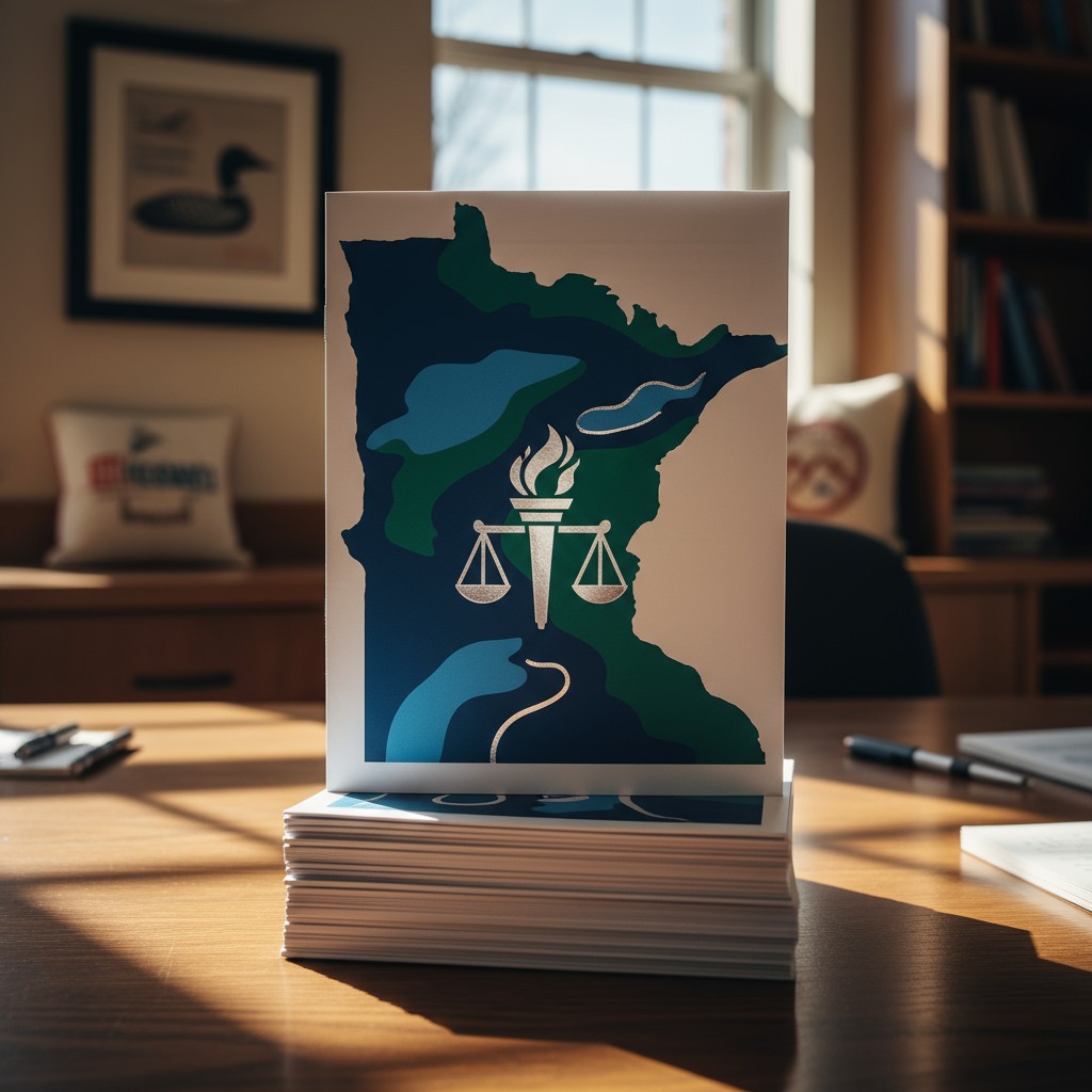 A partially obscured stack of postcards with a graphic of the state of Minnesota, the scales of Justice, and a snake touch...