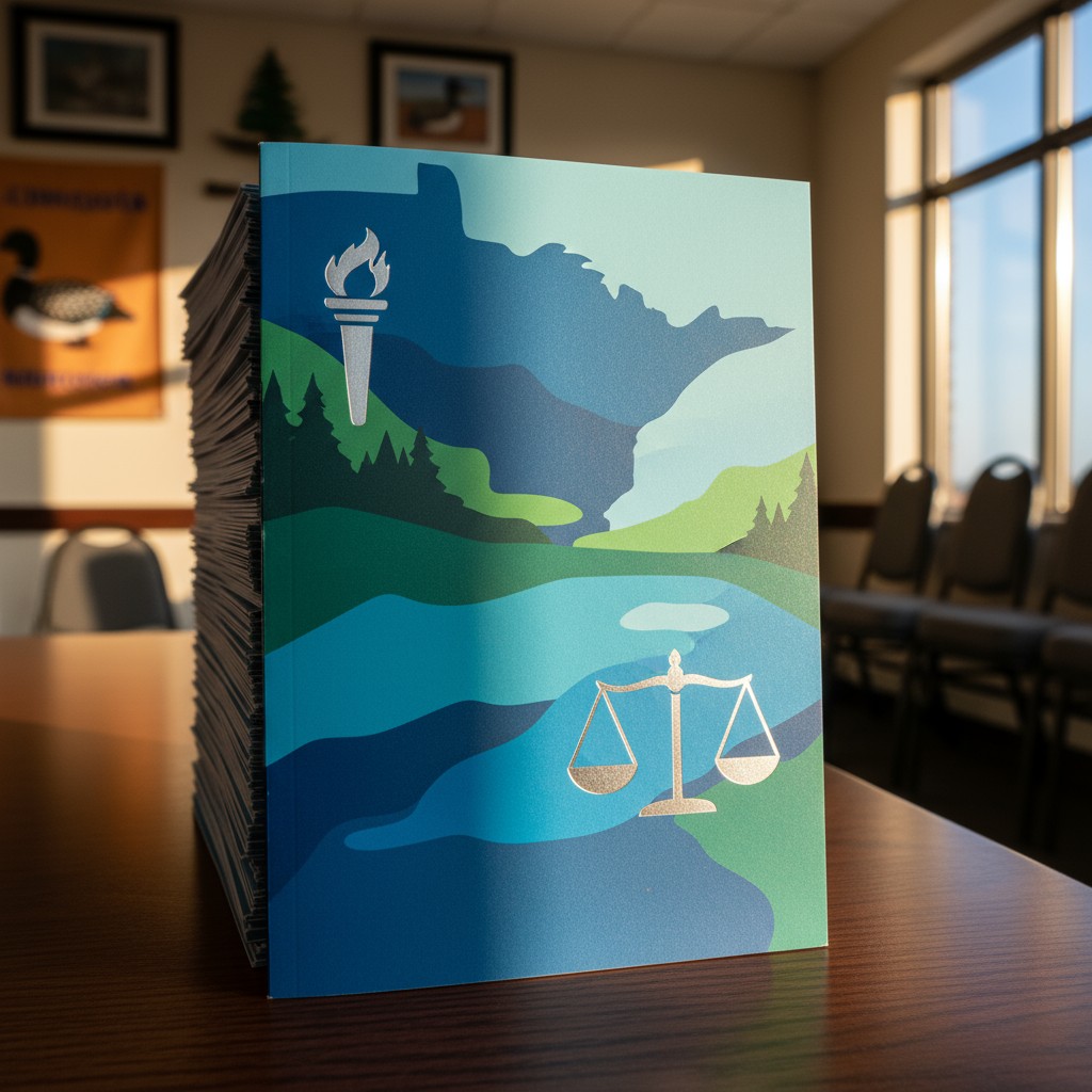 A book with a symmetrical cover featuring a landscape design of a river and hills, alongside a torch and scales.