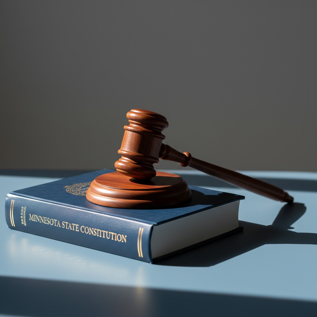 A book spine with gold text that reads "MINNESOTA STATE CONSTITUTION" on a blue book, with a gavel placed on top.
